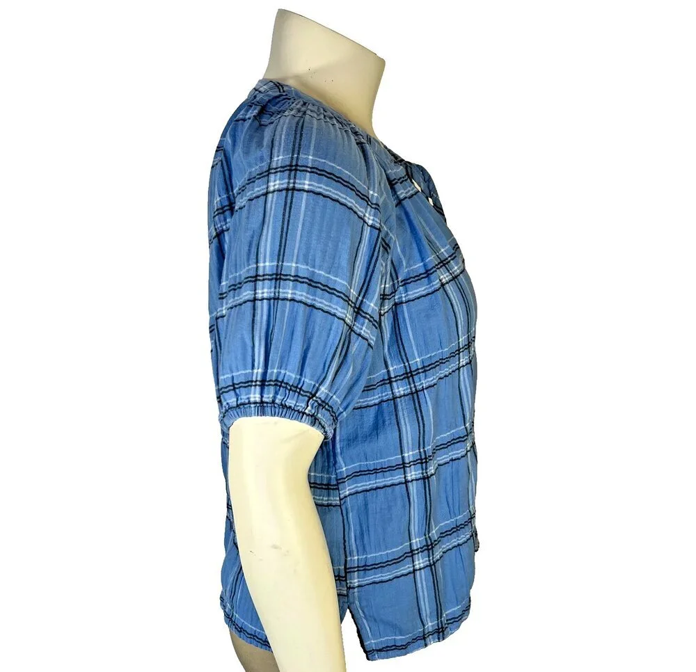 LOFT Blouse Womens L Short Puff Sleeve Tied V-Neck Blue Plaid Print Babydoll